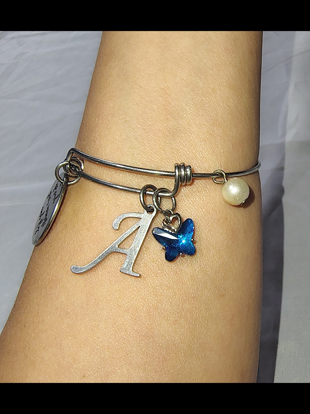Initial A Charm Motivational Blue Butterfly and Pearl Charm Bangle Bracelet